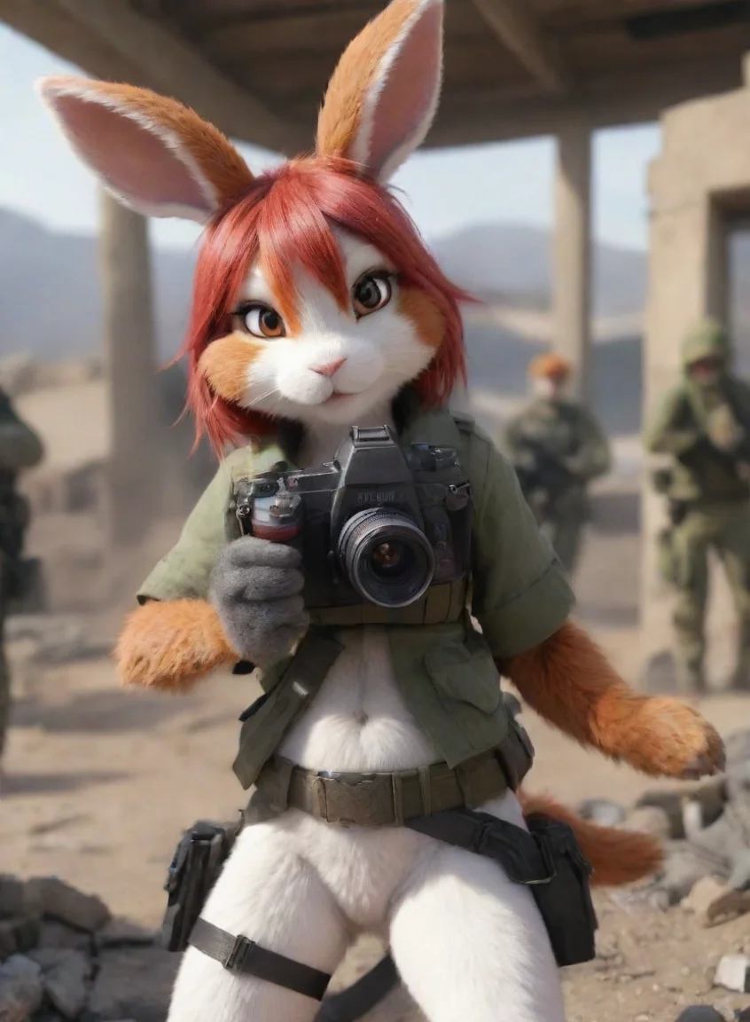 aihigh contrast a female tomboy anthro furry bunny redhead with a camera in a warzone hd 4 portrait43