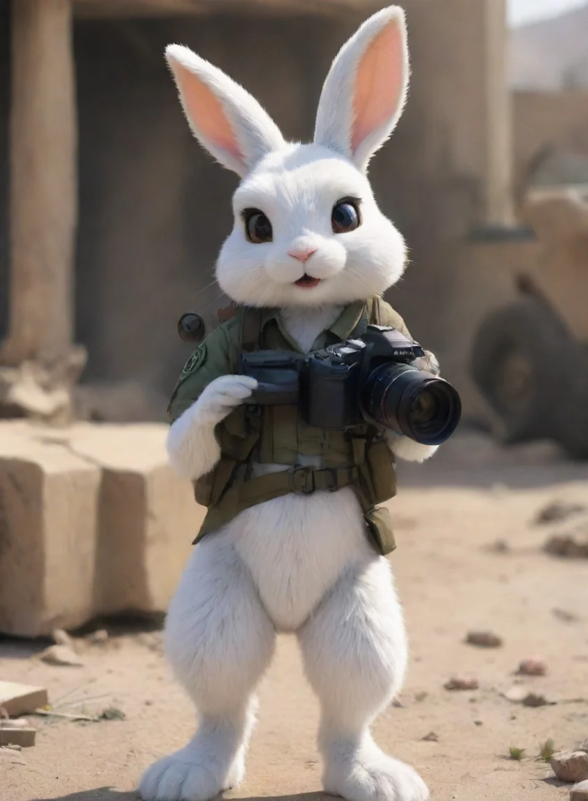aihigh contrast a female tomboyish anthro furry bunny witha camera in a warzone hd 4 portrait43