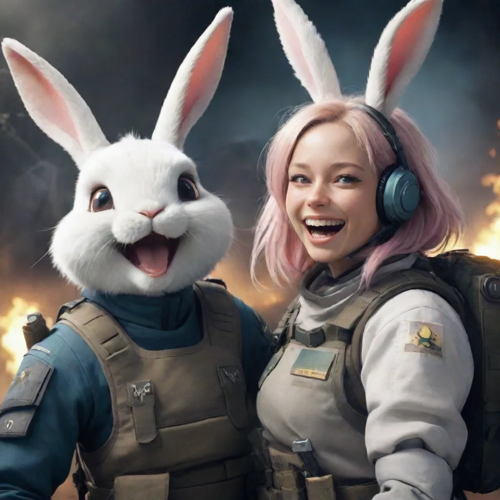 aihigh contrast a male swedish space soldier and a cute anthropomorphic furry alien rabbit woman laughing in a warzone anime style 4