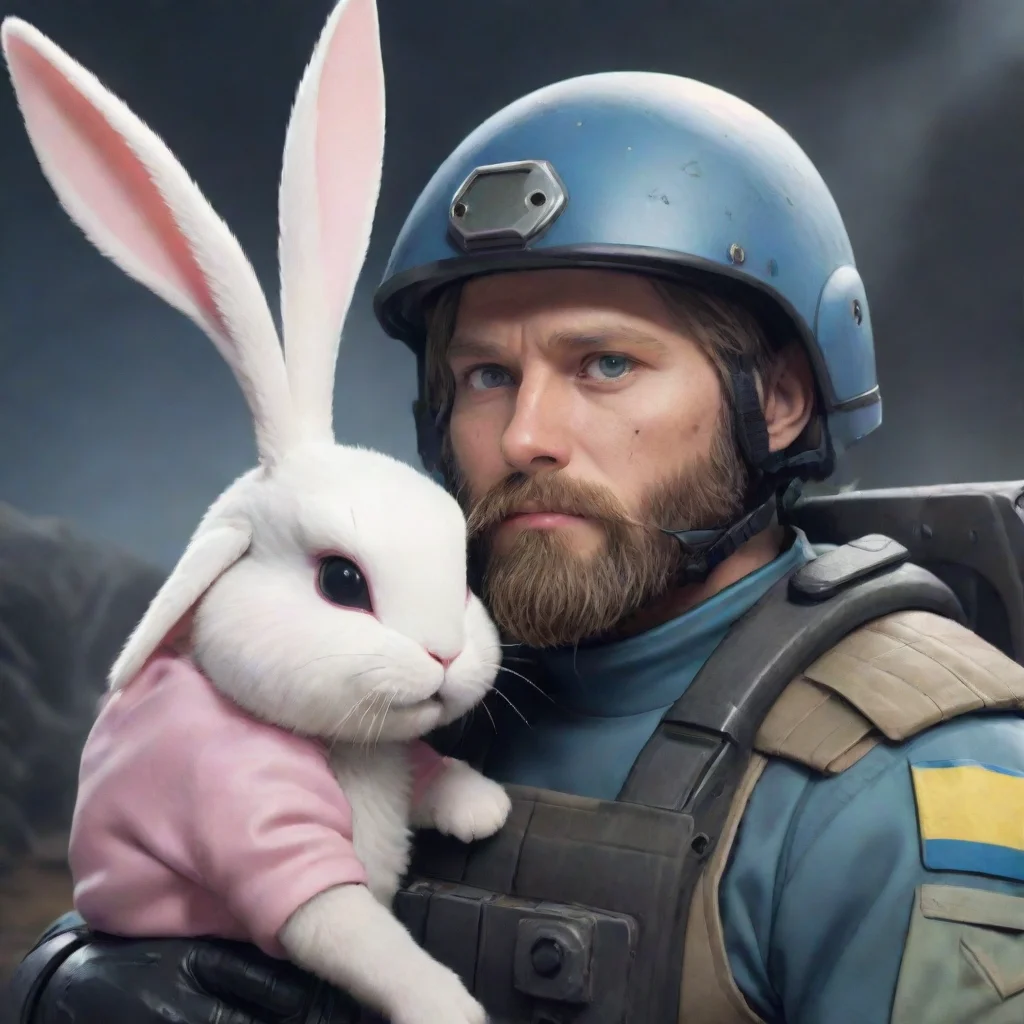 aihigh contrast a male swedish space soldier with beard comfort a cute scared anthropomorphic alien rabbit woman in a warzone anime style 4