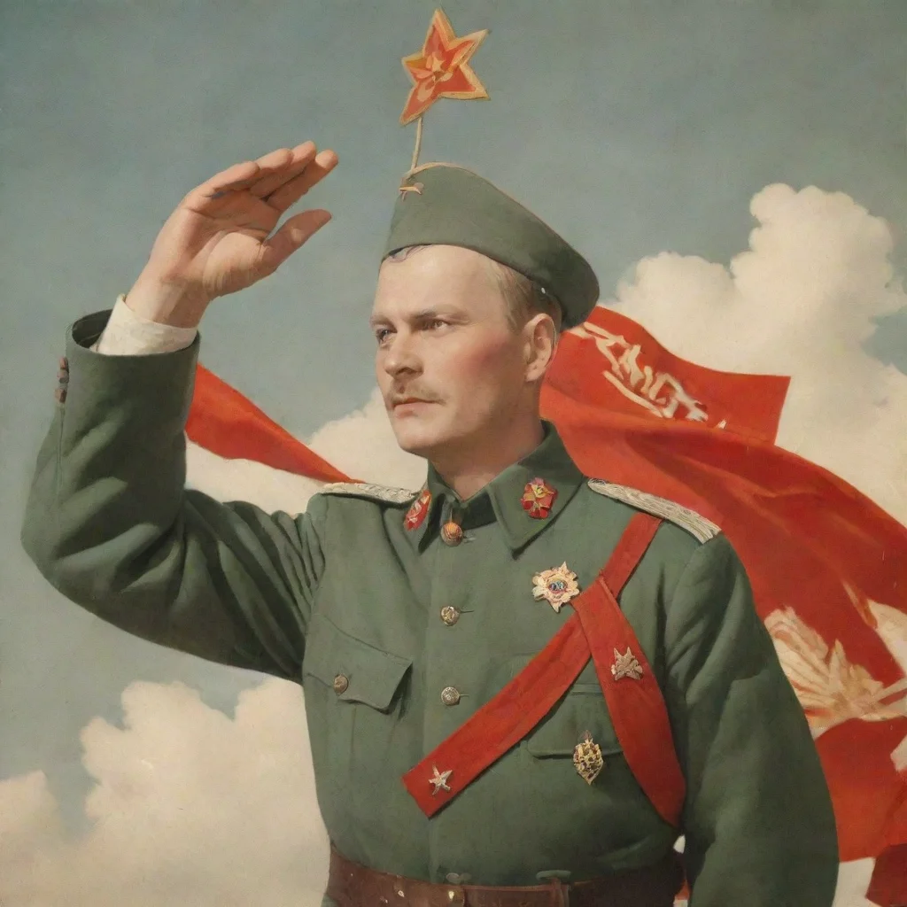 aihigh contrast a person saluting in a ww2 russian uniform holding the flg of the soviet union in 1940 russian propaganda style 4
