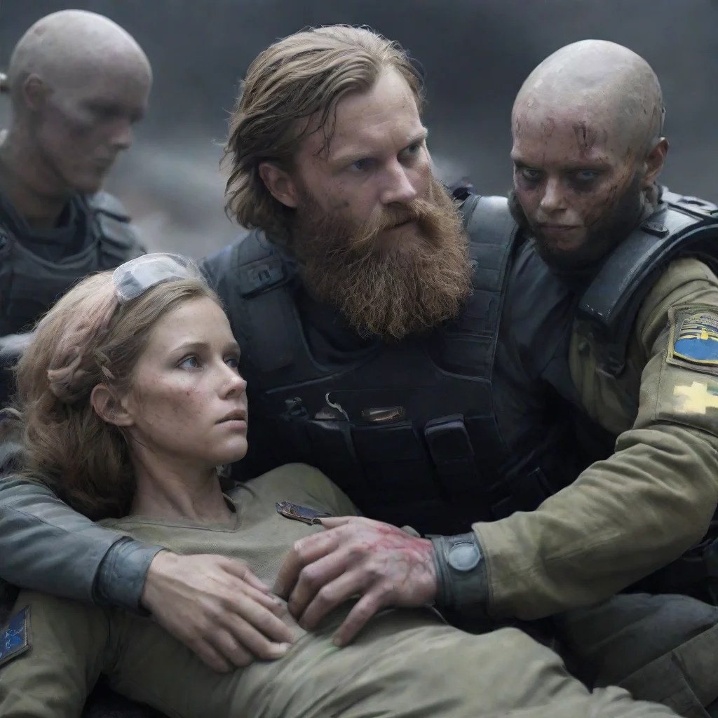 high contrast a swedish space soldier man with beard helping wounded alien girls in a warzone hd 4