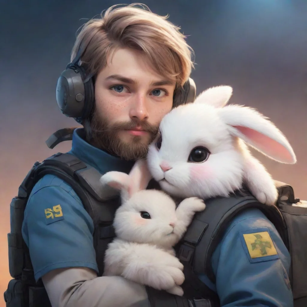 aihigh contrast a young bearded male swedish space soldier hugging a cute female anthropomorphic furry rabbit in a warzone anime style 4