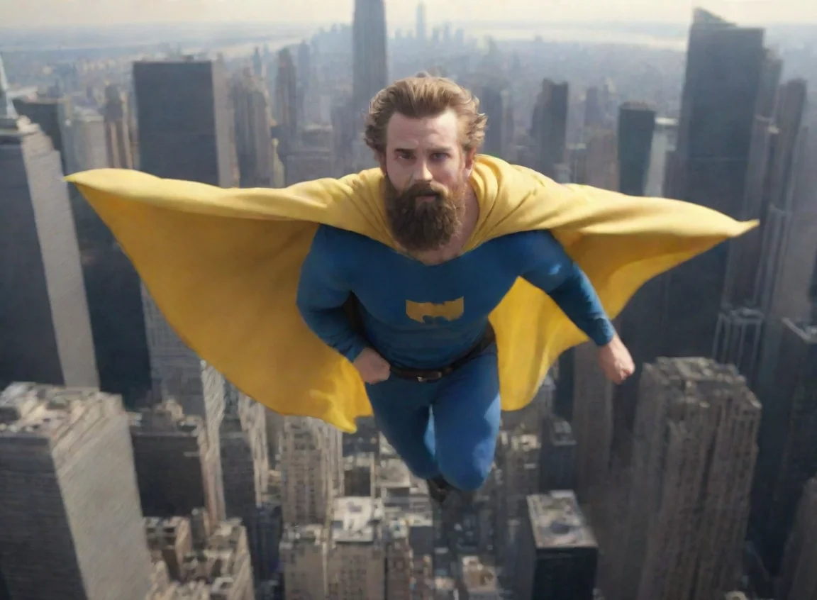 aihigh contrast a young bearded swedish hobo man superhero flying over new york hd 4 landscape43