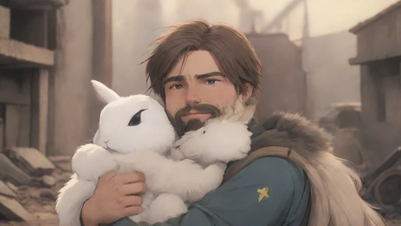 aihigh contrast a young bearded swedish human man hugging a female anthro furry rabbit romanticly in a warzone anime style cartoon 4 widescreen
