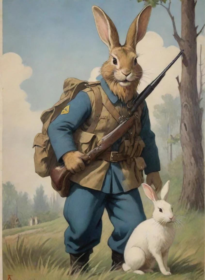 aihigh contrast a young bearded swedish soldier saving anthro rabbits propaganda poster cartoon hd 4 portrait43