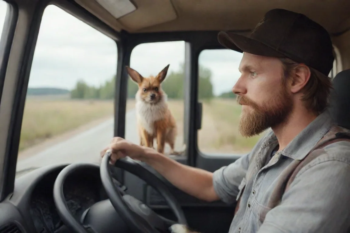 aihigh contrast a young bearded swedish trucker man driving truck with pet eevee realistic hd 4 landscape