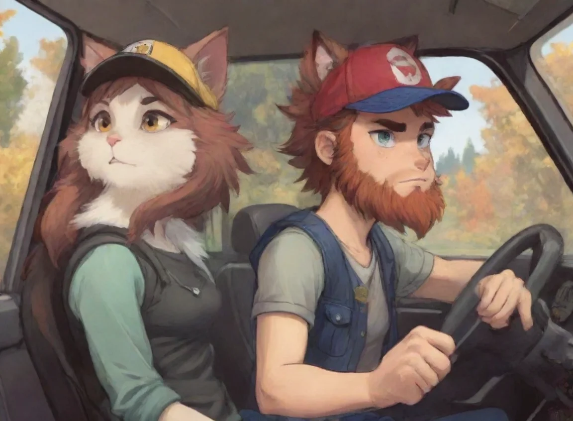 aihigh contrast a young bearded trucker man with baseballcap driving with anthro furry tomboy punk catgirl couple lovers autumn cartoon anime style 4 landscape43