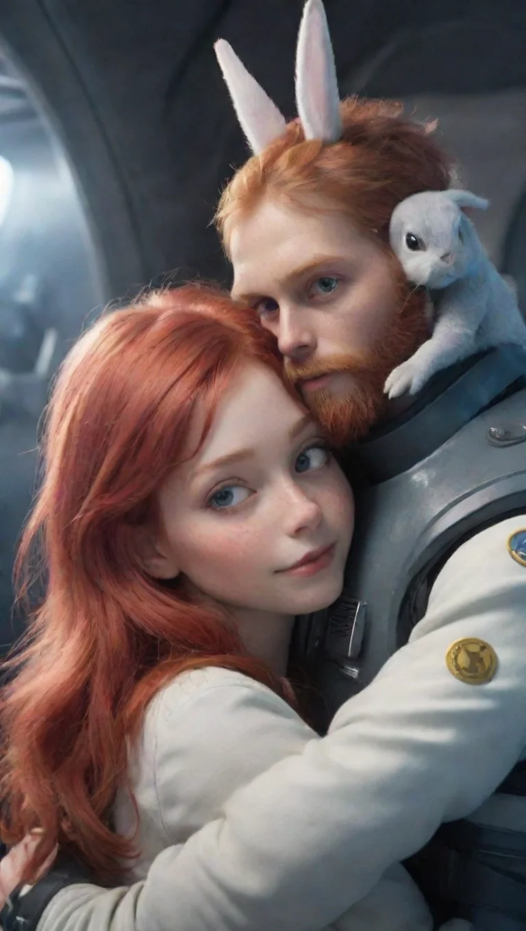 aihigh contrast a young male human bearded swedish space soldier hugging a female anthro alien rabbit redhead romantic hd 4 tall