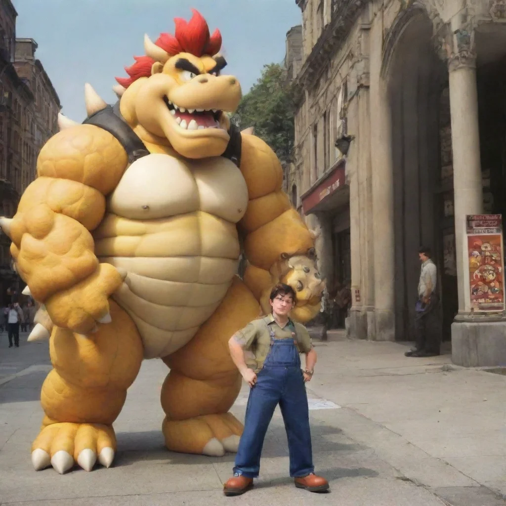 aihigh contrast a young man stands in front of bowser. bowser is much taller and bigger than himself animeretro 4