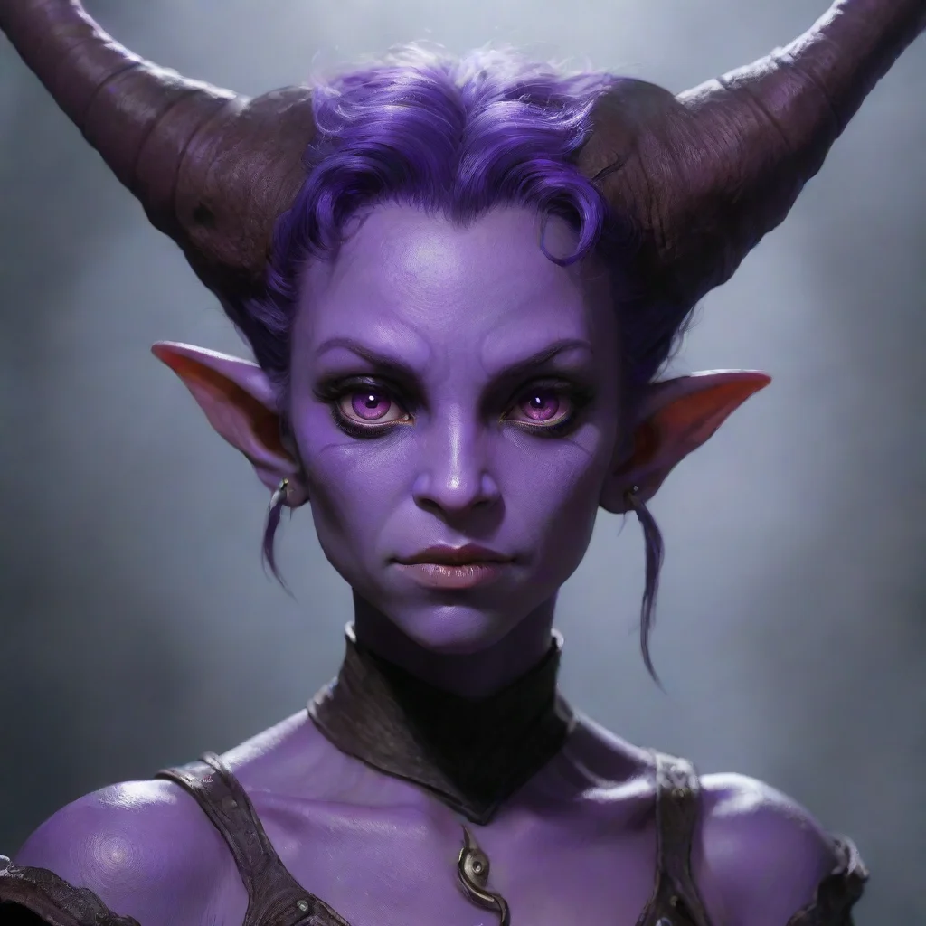 high contrast a young purple skinned tiefling looks at you with fear in her eyes. 4