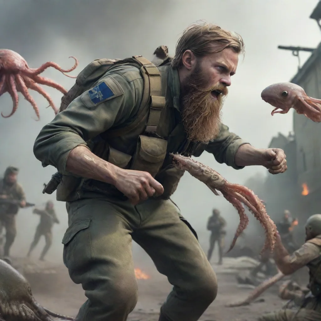 aihigh contrast a young swedish soldier with a beard fighting a squid alien in a warzone 4