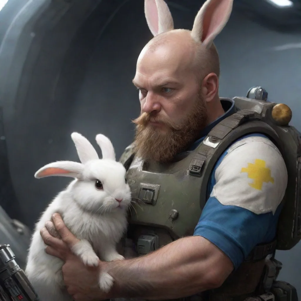 aihigh contrast a young swedish space marine with a beard helping a cute scared alien bunny and her baby. 4