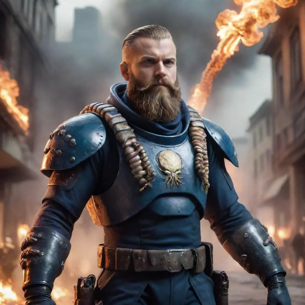 aihigh contrast a young swedish space marine with beard executing alien squid nazis in a burning sci fi city hd 4