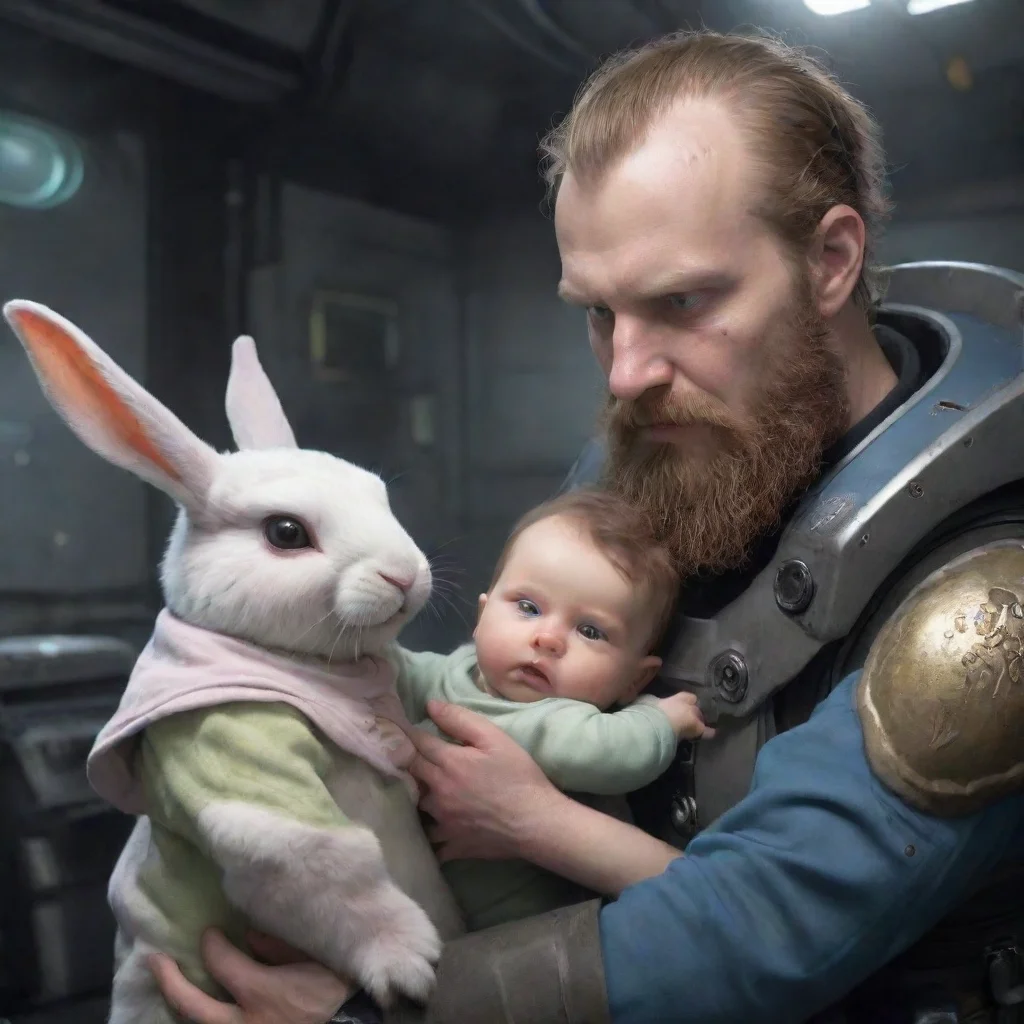 aihigh contrast a young swedish space marine with beard helping a scared anthropomorphic alien bunny woman and her baby. 4