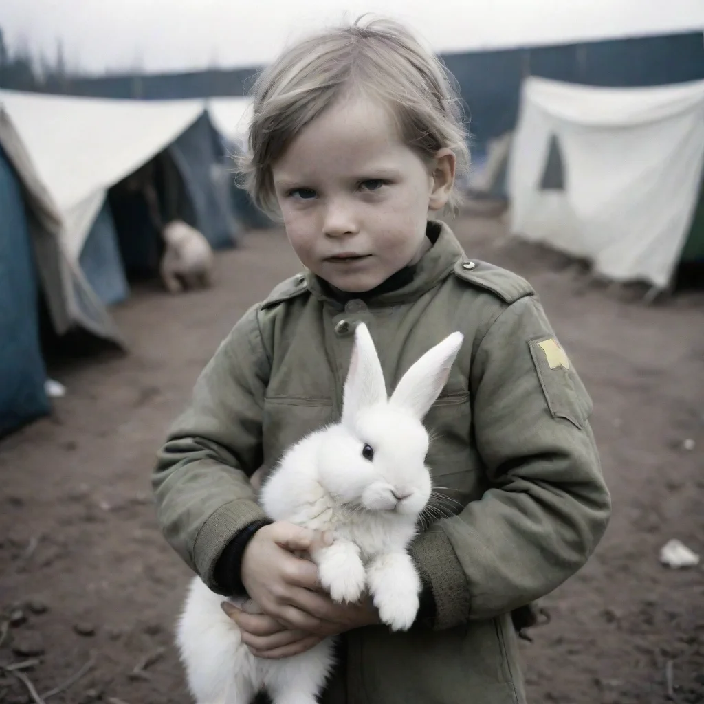 aihigh contrast a young swedish space soldier playing with an anthropomorphic furry rabbit baby in a refugee camp. 4