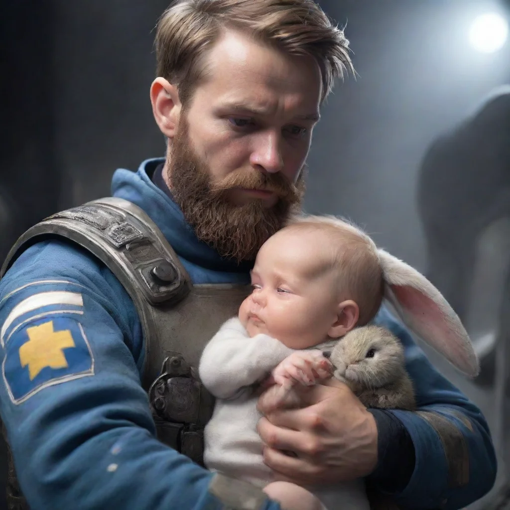aihigh contrast a young swedish space soldier with a beard comforting a crying alien baby bunny. 4