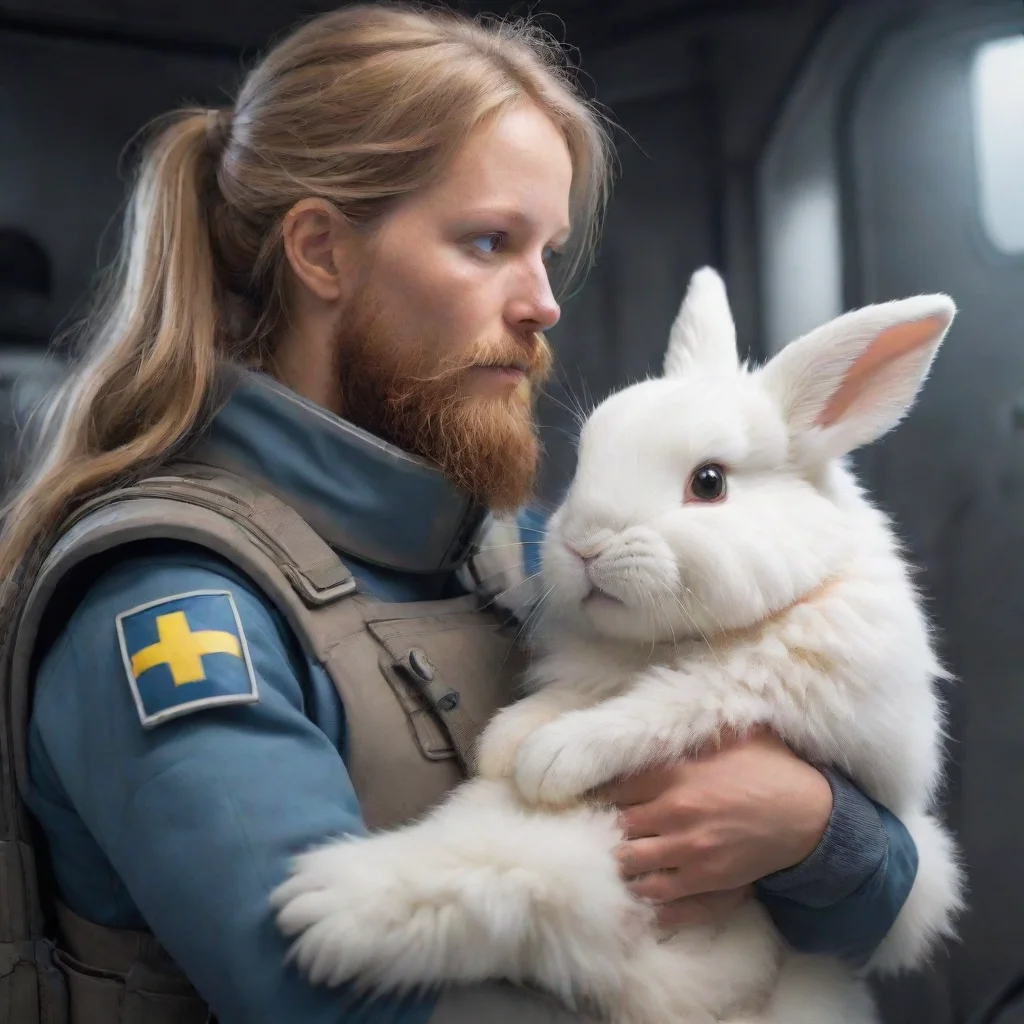 aihigh contrast a young swedish space soldier with beard comforting a anthrop furry bunny woman and her bunny baby.omorphic 4
