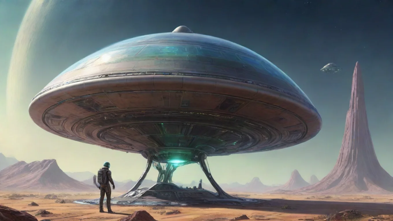 aihigh contrast alien next to 4m wide personal craft two aliens leaning on his ufo dome spaceship shaped artstation drawing colored 4 widescreen