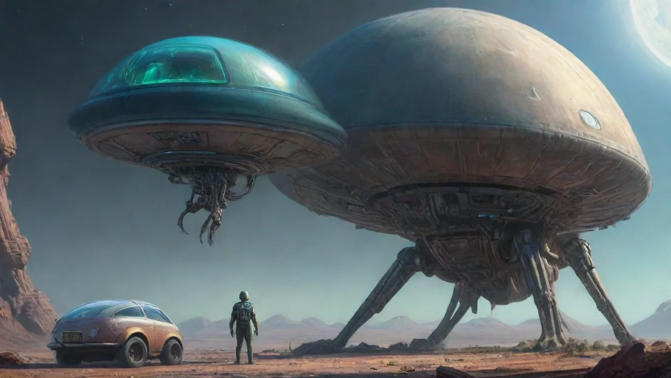 aihigh contrast alien next to 4m wide personal craft ufo and alien leaning on his ufo dome spaceship shaped artstation drawing colored 4 widescreen