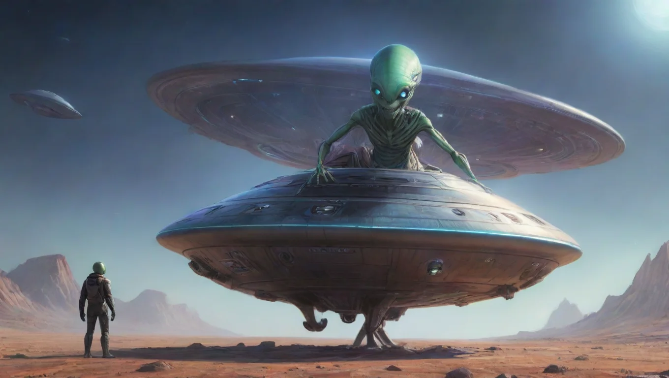 aihigh contrast alien next to 4m wide personal craft ufo and alien leaning on his ufo spaceship shaped smile hi wow artstation drawing colored 4 widescreen
