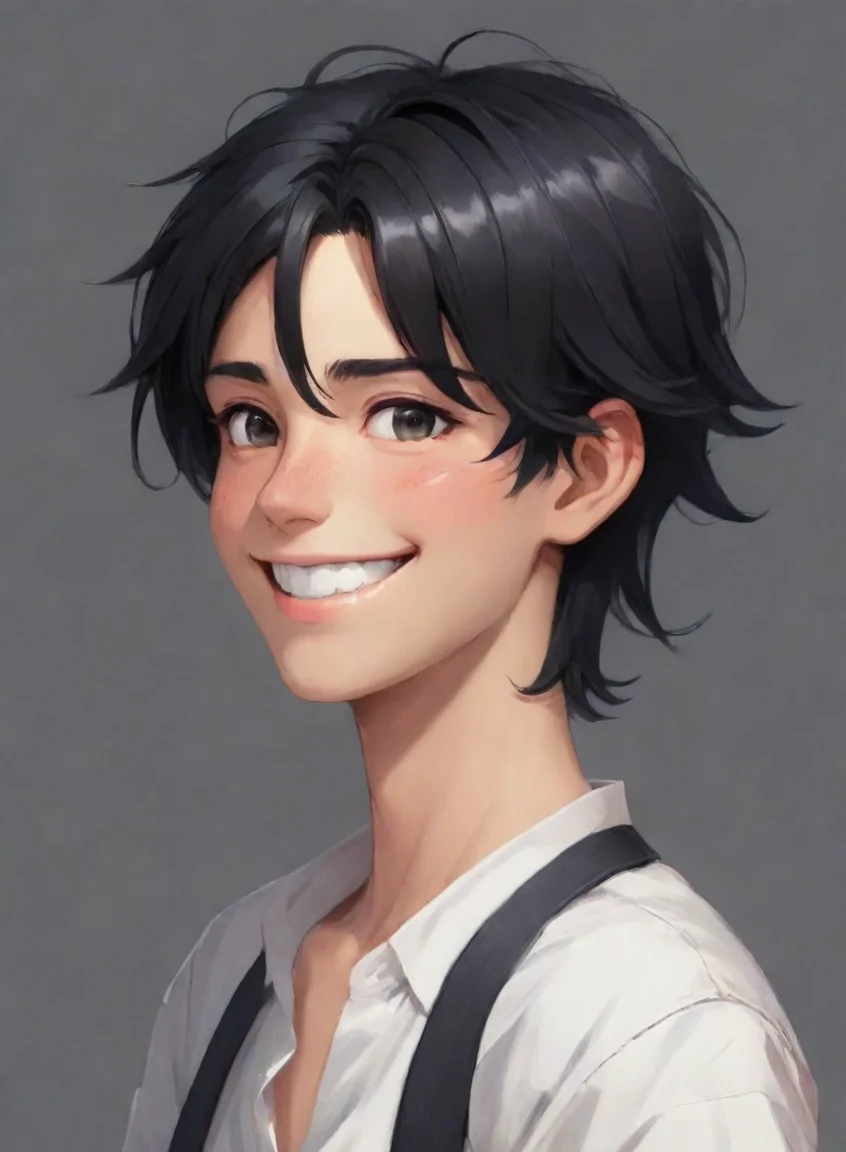 aihigh contrast anime art hi smile guy boofy black hair wave hi kind character portrait waist up artstation artistic  4 portrait43