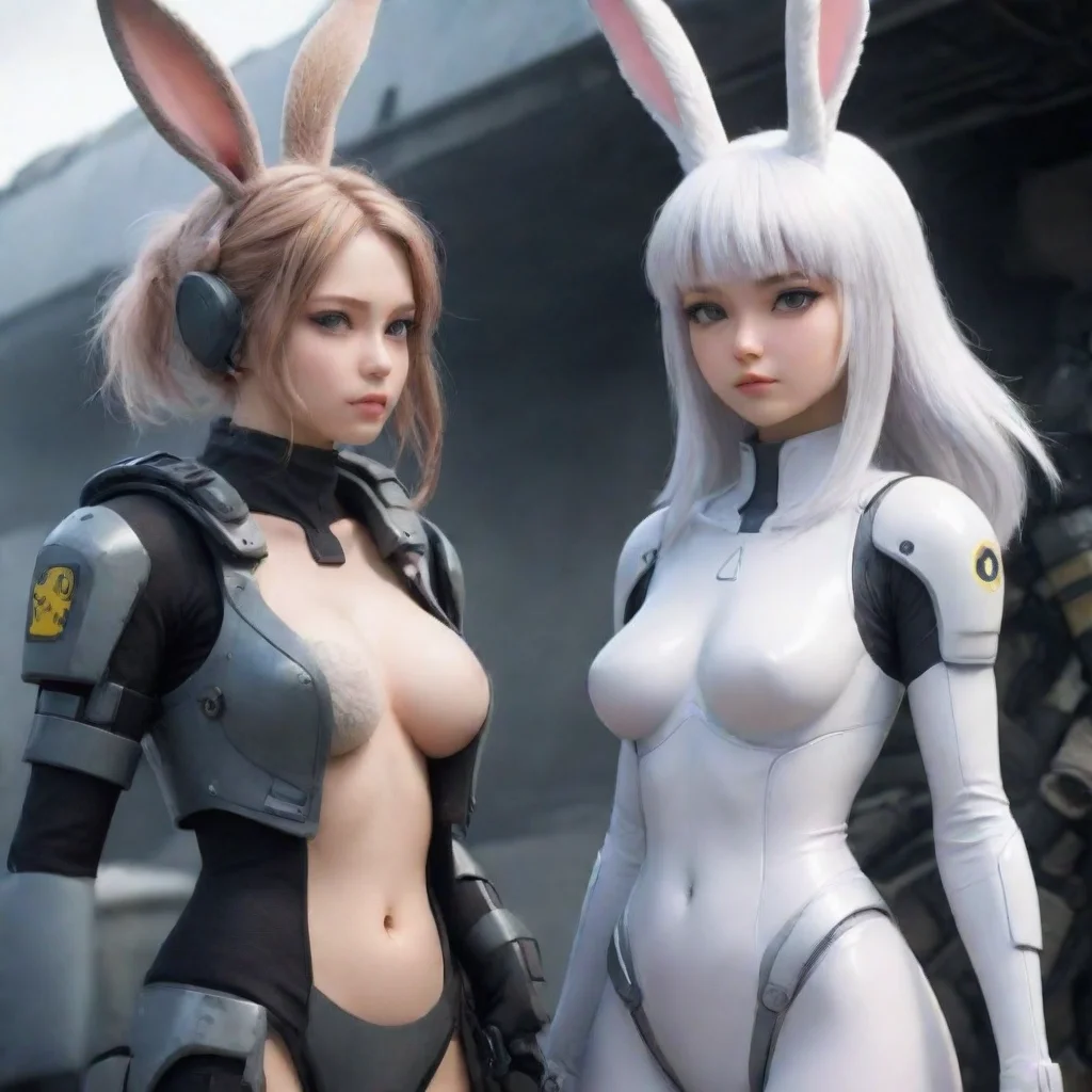 aihigh contrast anime cute seductive rabbit alien furry woman standing beside a human swedish space soldier man with beard in a warzone hd 4