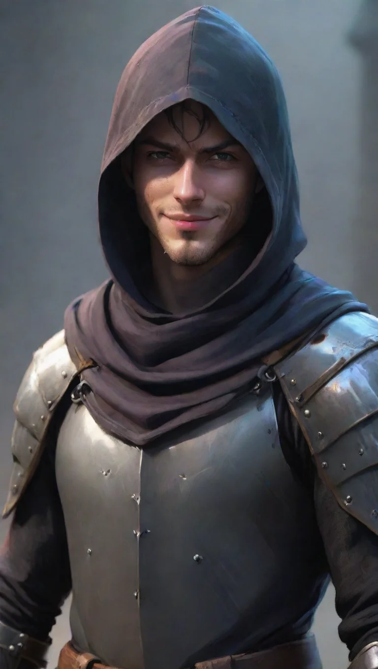 aihigh contrast anime hooded knight fantasy art punk knight colorful realistic hd world aesthetic kind smile seductive male knight outlaw best quality artstation 4 tall