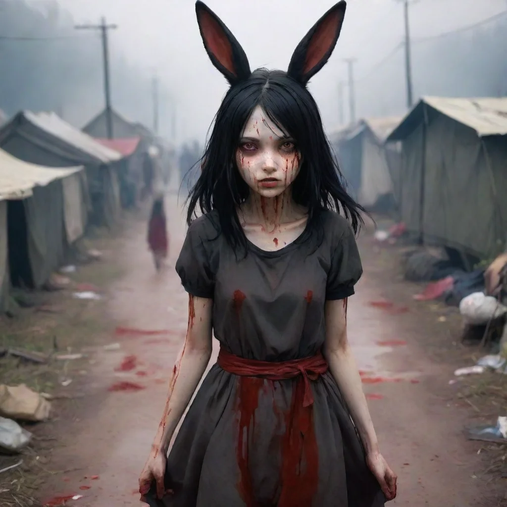 aihigh contrast anime style scared anthropomorphic rabbit woman black haired bloody refugee camp 4