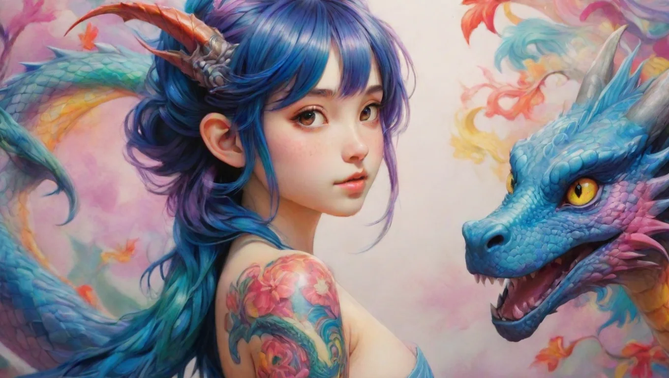 aihigh contrast artistic realistic dragon with a tatoo of a girl colorful wonderland detail anime  ghibli bright 4 widescreen