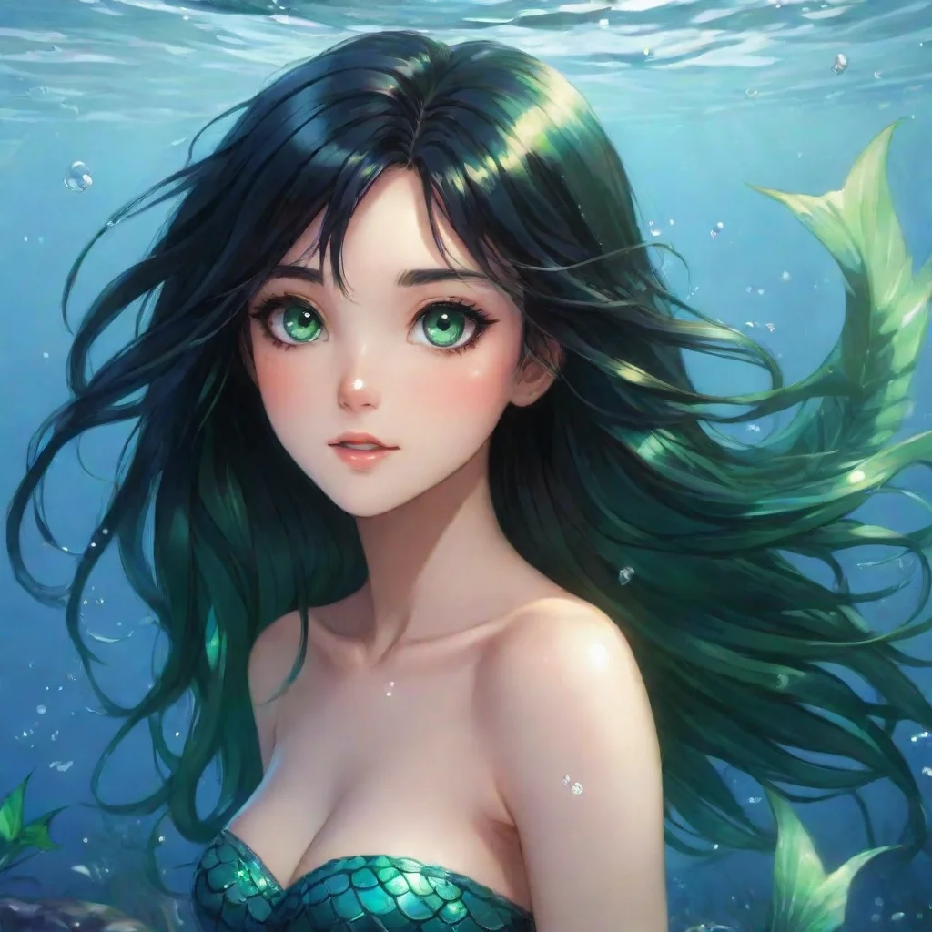 aihigh contrast beautiful anime mermaid with black hair and green eyes happy 4
