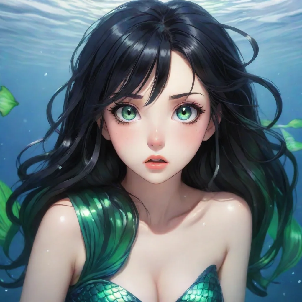 aihigh contrast beautiful anime mermaid with black hair and green eyes shocked 4