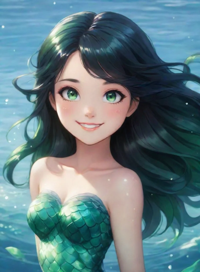 aihigh contrast beautiful anime mermaid with black hair and green eyes smiling 4 portrait43