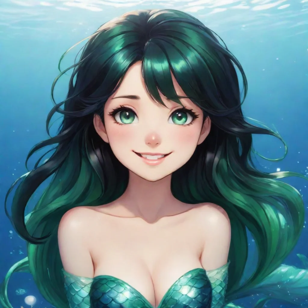 aihigh contrast beautiful anime mermaid with black hair and green eyes smiling 4