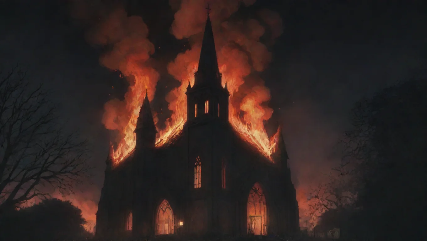high contrast burning church hd ghibli anime aesthetic dark horror 1800 vibe 4 widescreen