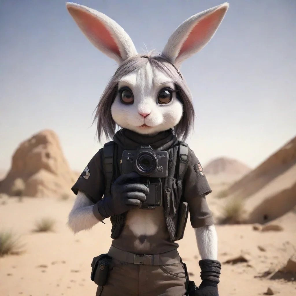 aihigh contrast cartoon anthropomorphic emo rabbit woman in warzone desert with camera hd 4