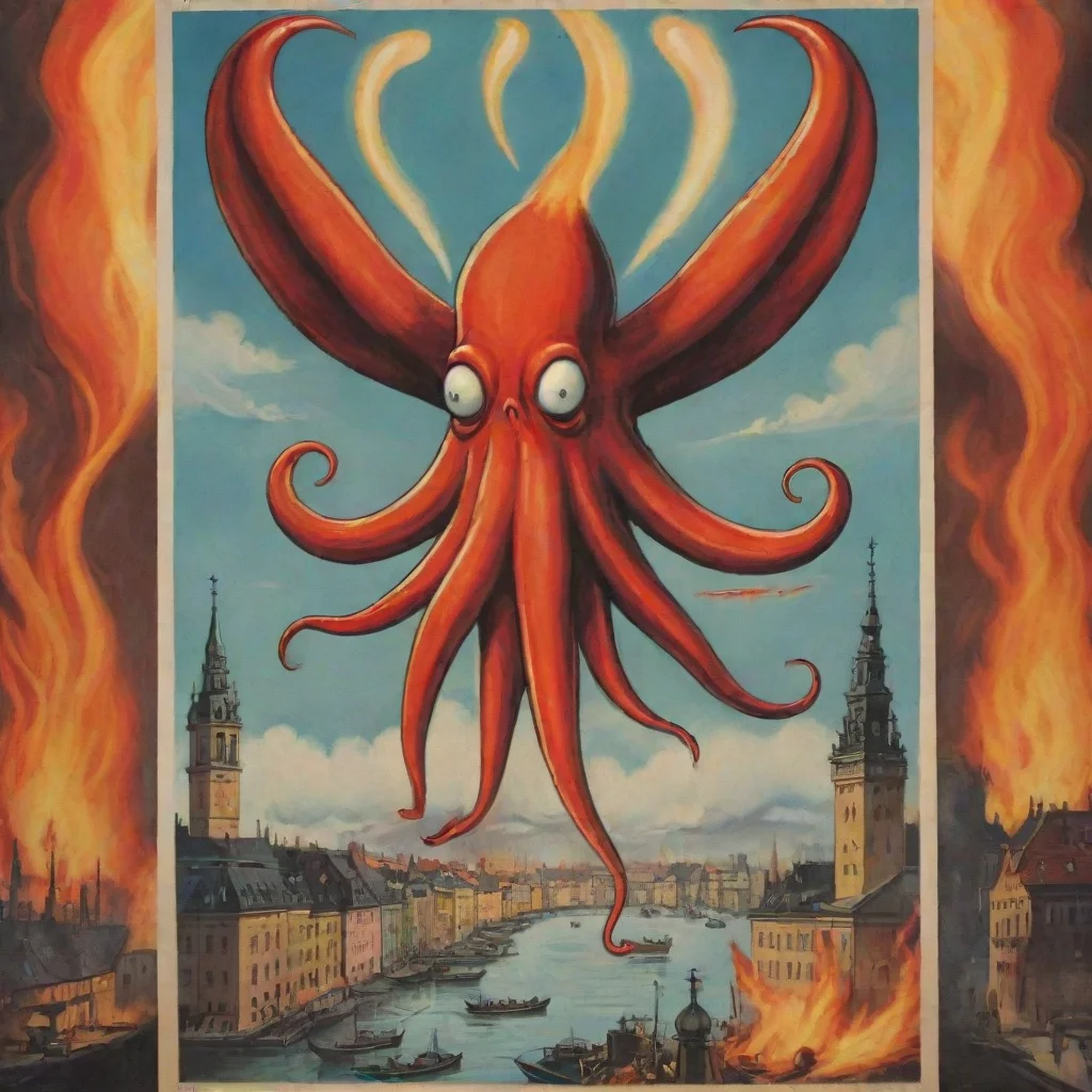 aihigh contrast cartoon evil satanic squid flying over burning stockholm propaganda poster hd 4
