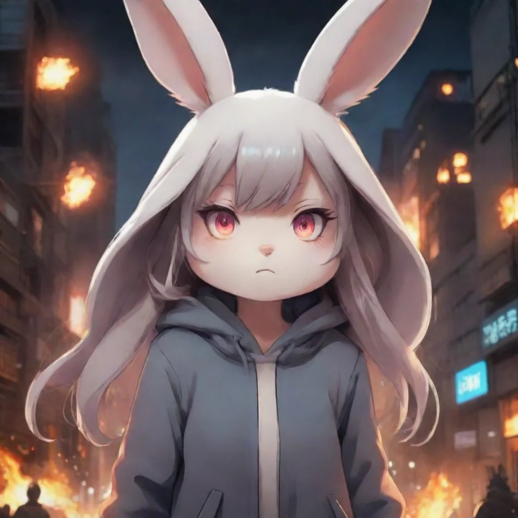 aihigh contrast cute anime style anthropomorphic rabbit woman ptsd burning city warzone nighttime 4