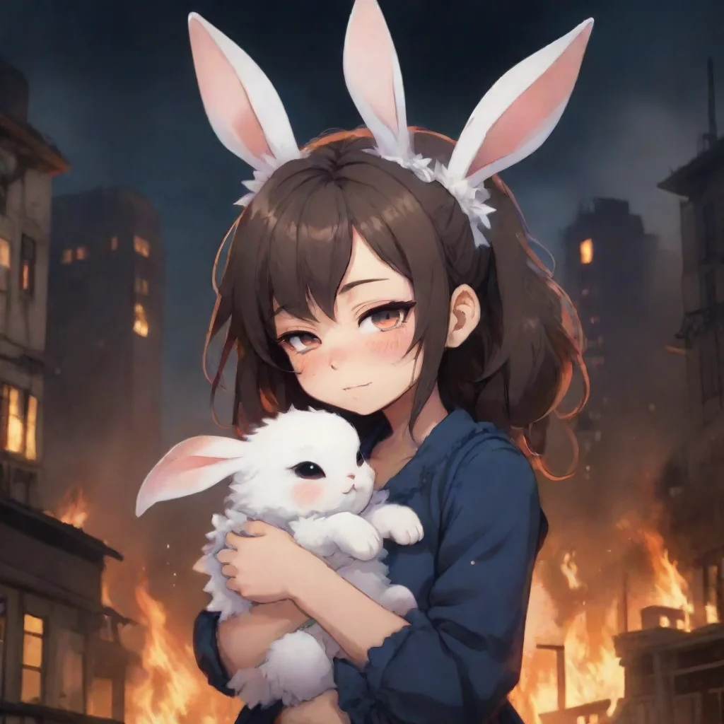 aihigh contrast cute anime style furry rabbit woman ruffled hair crying holding a baby rabbit in a burning city warzone nighttime 4