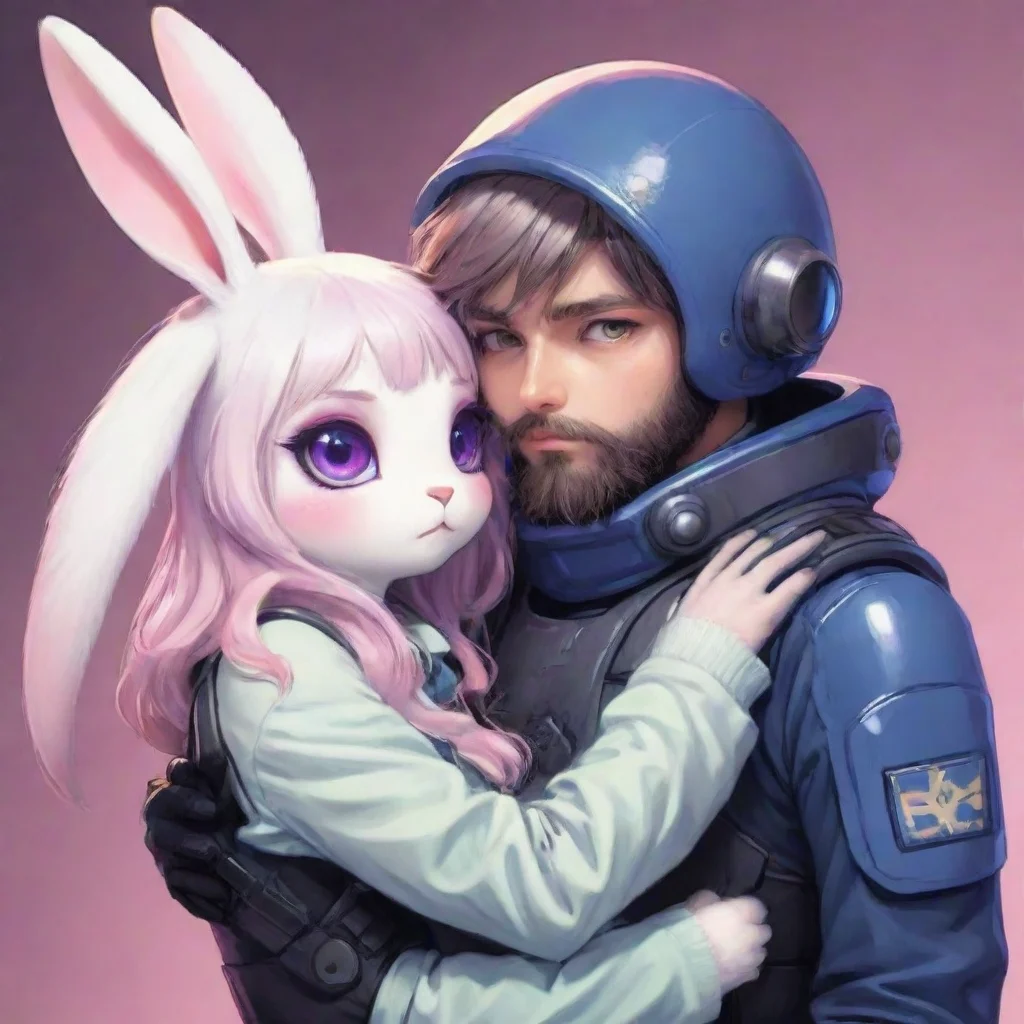 aihigh contrast cute anime styled feminine anthropomorphized alien bunny emo woman hugging a bearded swedish male space soldier 4