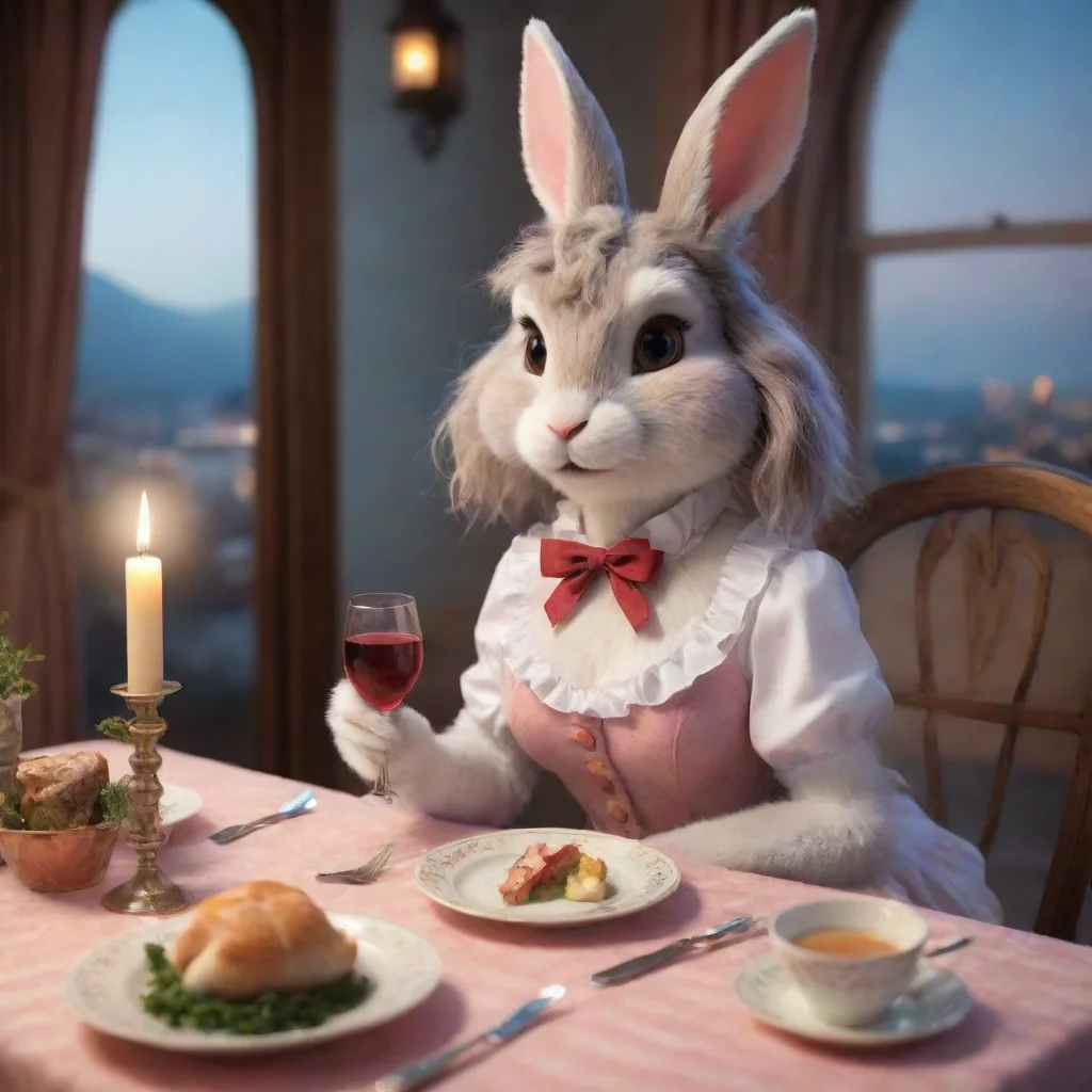 aihigh contrast cute anthropomorphic bunny furry woman romantic dinner 4
