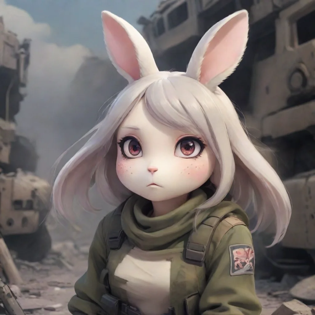aihigh contrast cute anthropomorphic bunny woman sad in a warzone anime style 4