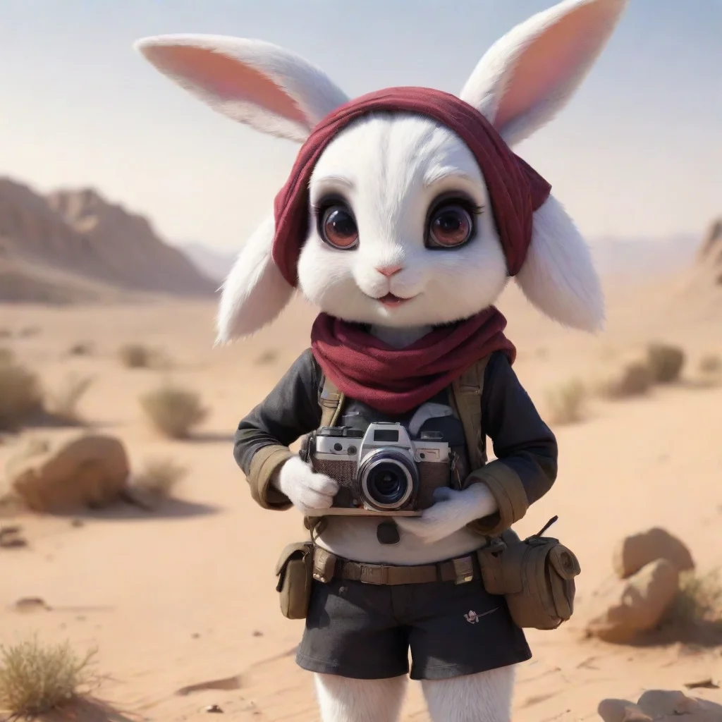 aihigh contrast cute cartoon anthropomorphic emo rabbit woman with camera in warzone desert hd 4
