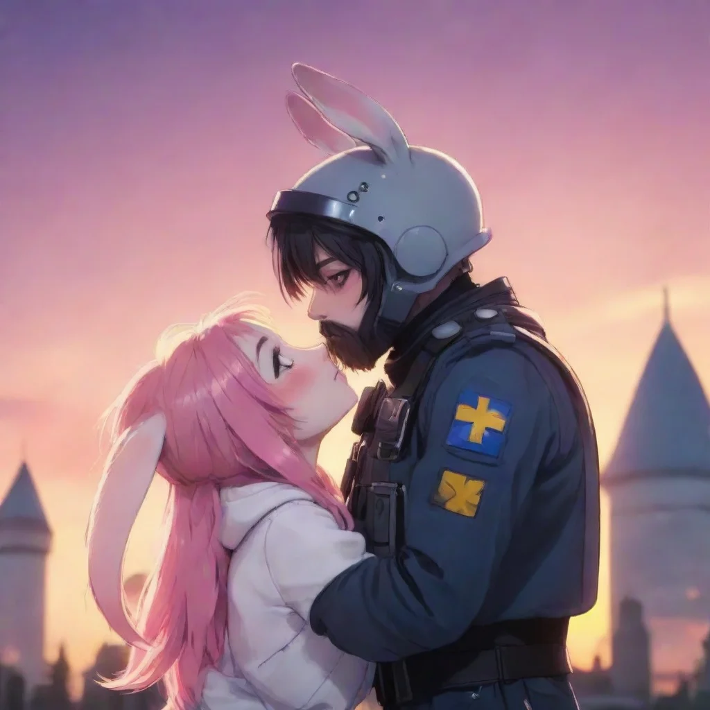 aihigh contrast cute emo anthropomorphized bunny woman anime style. kissing bearded male swedish space soldier. sunset background. 4