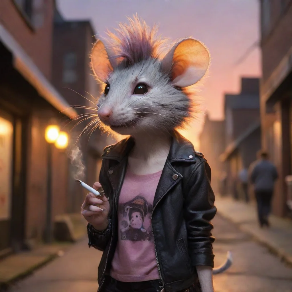aihigh contrast cute female anthropomorphic furry rat punk cigarette alley sunset 4