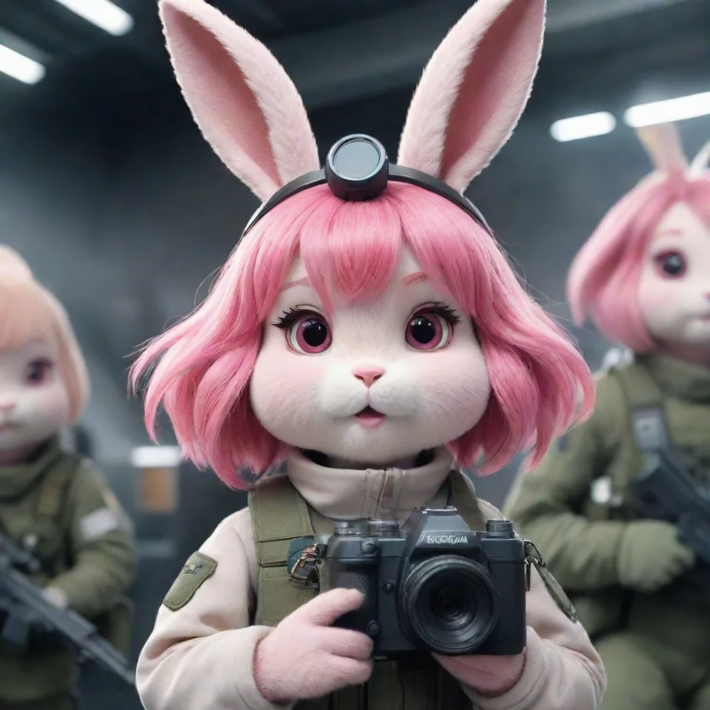 high contrast cute pinkhair cartoon furry rabbit woman with camera warzone swedish space soldiers in background hd 4