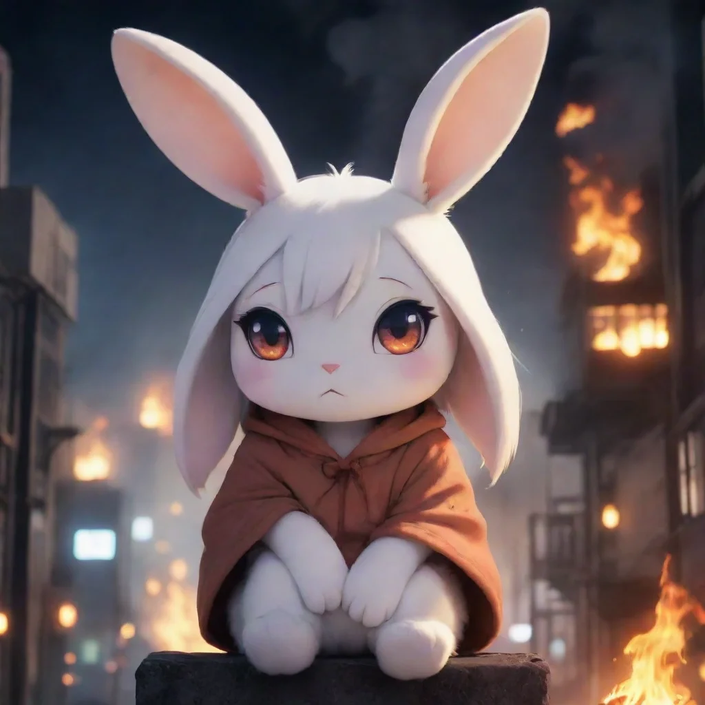 aihigh contrast cute sad feminine anthropomorphic bunny in a burning city nighttime anime style 4