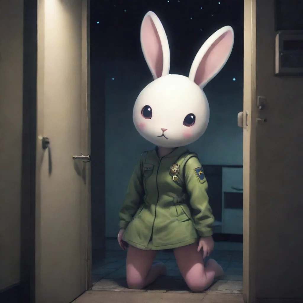 aihigh contrast cute scared anthropomorphized alien bunny woman hiding from swedish space soldier apartment nighttime anime style 4