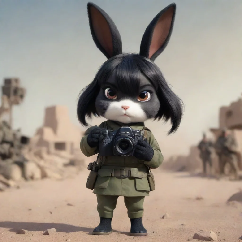 aihigh contrast cute serious cartoon anthropomorphic black haired rabbit woman with camera in warzone 4