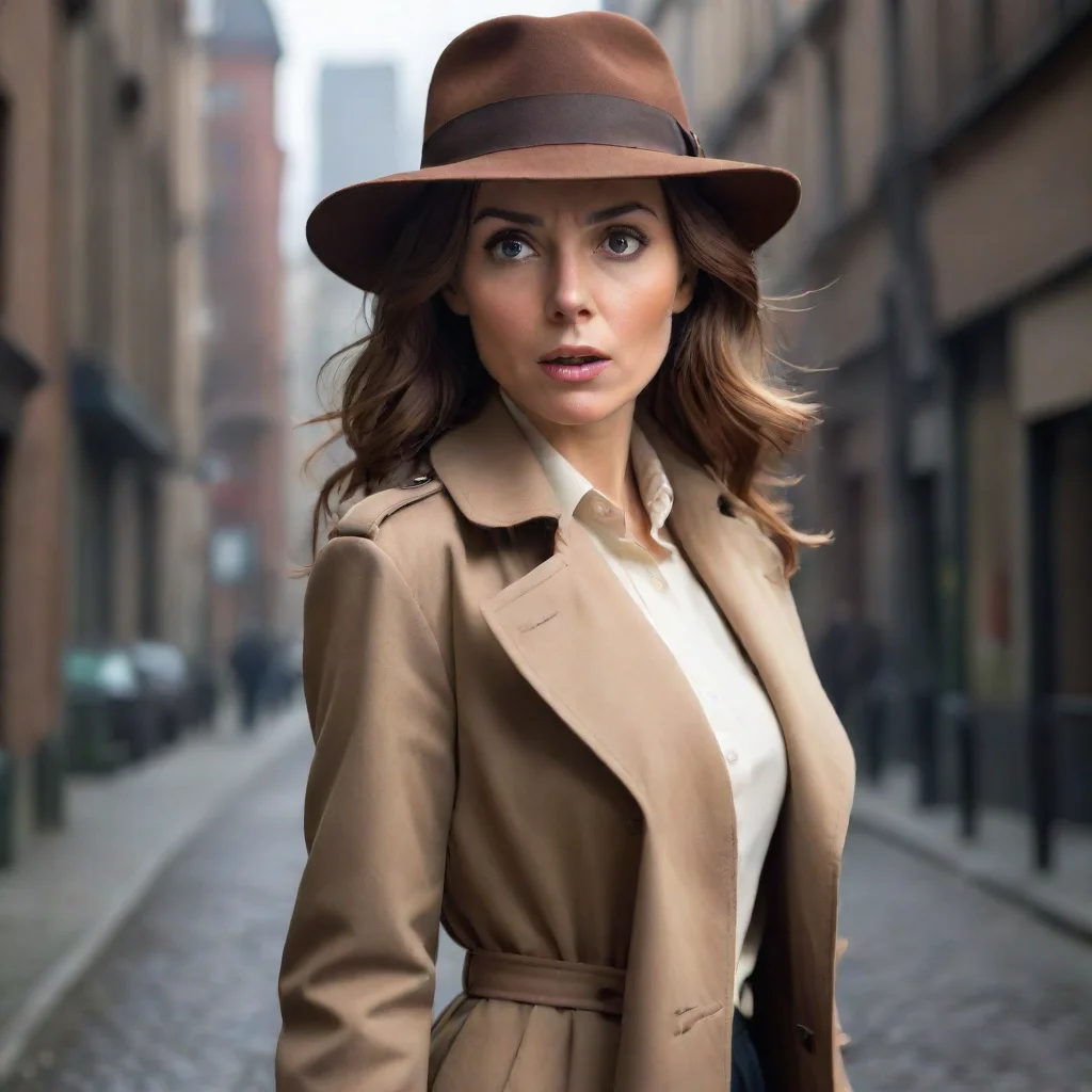 high contrast female detective with a brown hat and long trenchcoat. she has a look of fear and surprise on her face.  4